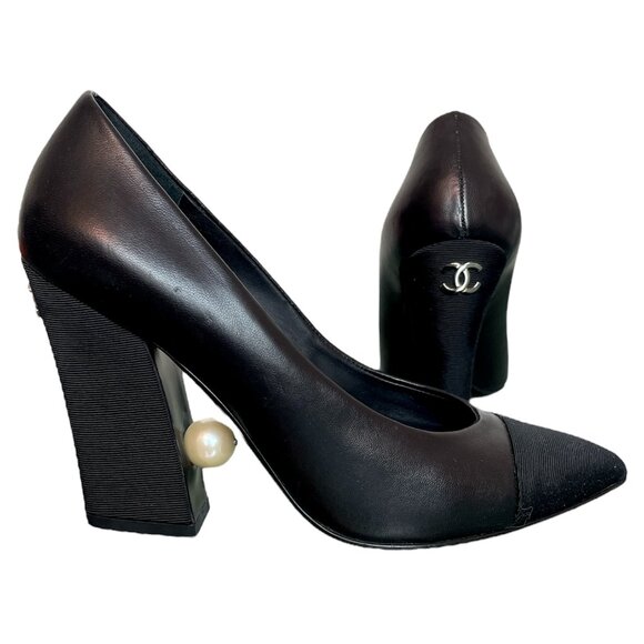CHANEL Grosgrain Pointed Toe Block Heel Pearl Detail CC Logo Pumps \ 37.5